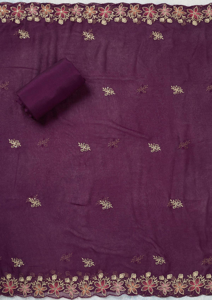 Wine Threadwork Semi Crepe Unstitched Salwar Suit