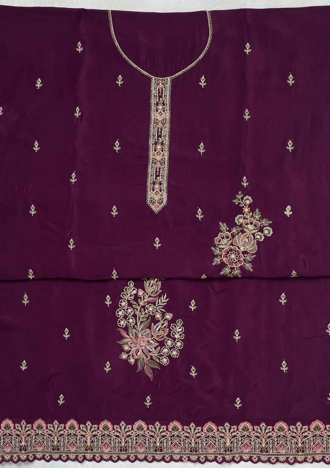 Wine Threadwork Semi Crepe Unstitched Salwar Suit