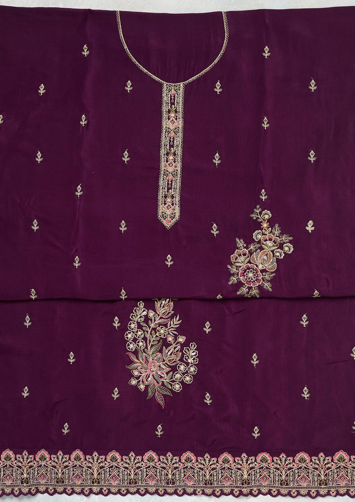 Wine Threadwork Semi Crepe Unstitched Salwar Suit