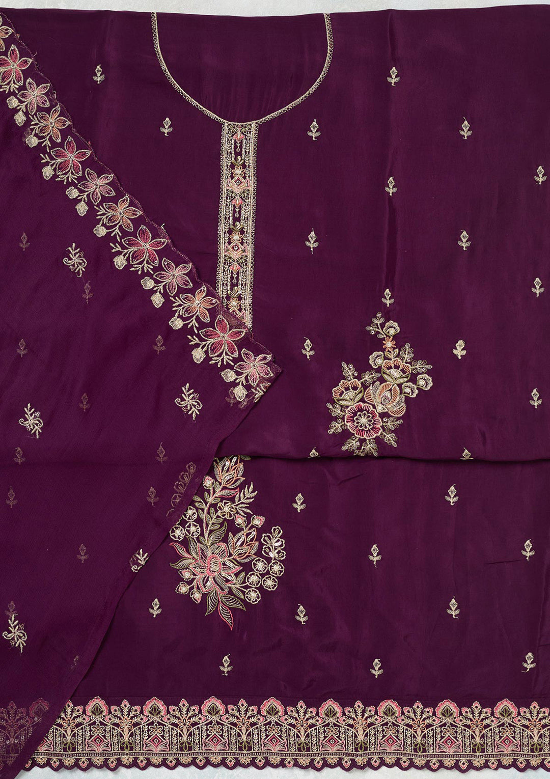 Wine Threadwork Semi Crepe Unstitched Salwar Suit