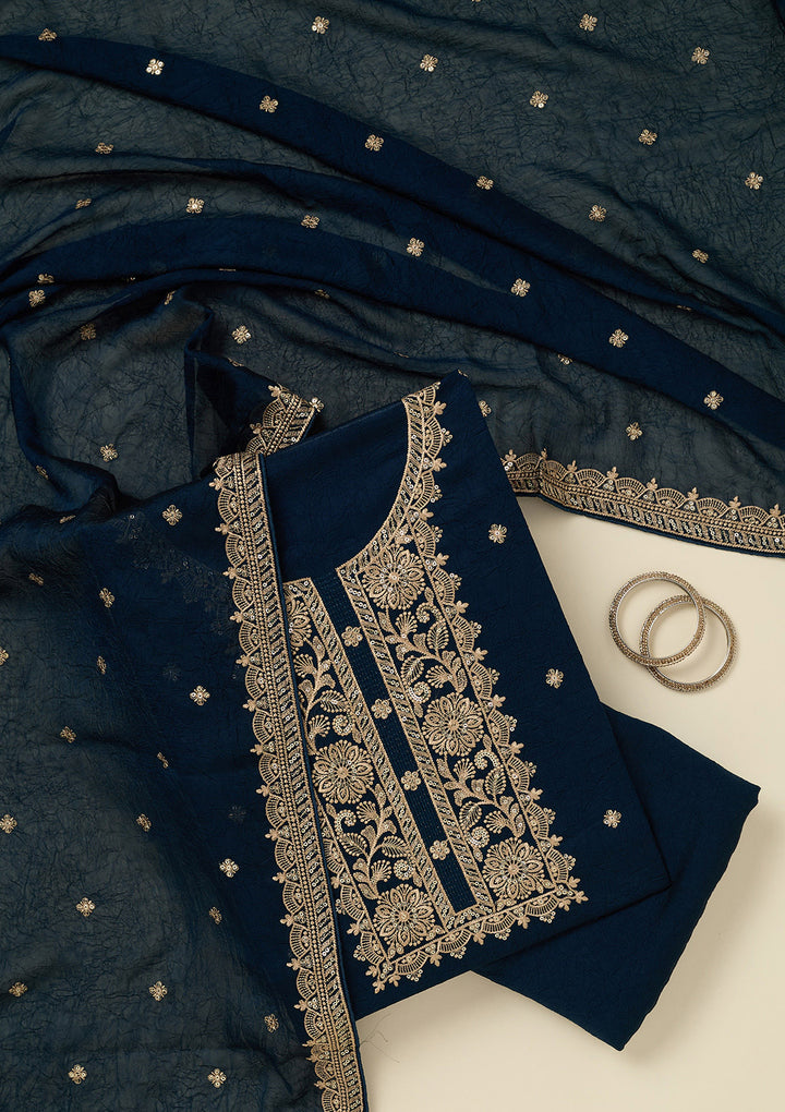 Navy Blue Threadwork Georgette Unstitched Salwar Suit