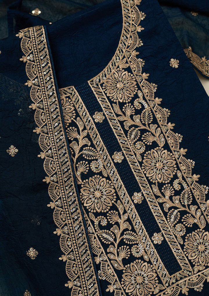Navy Blue Threadwork Georgette Unstitched Salwar Suit