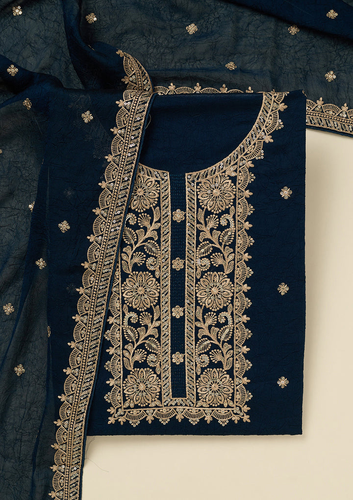 Navy Blue Threadwork Georgette Unstitched Salwar Suit