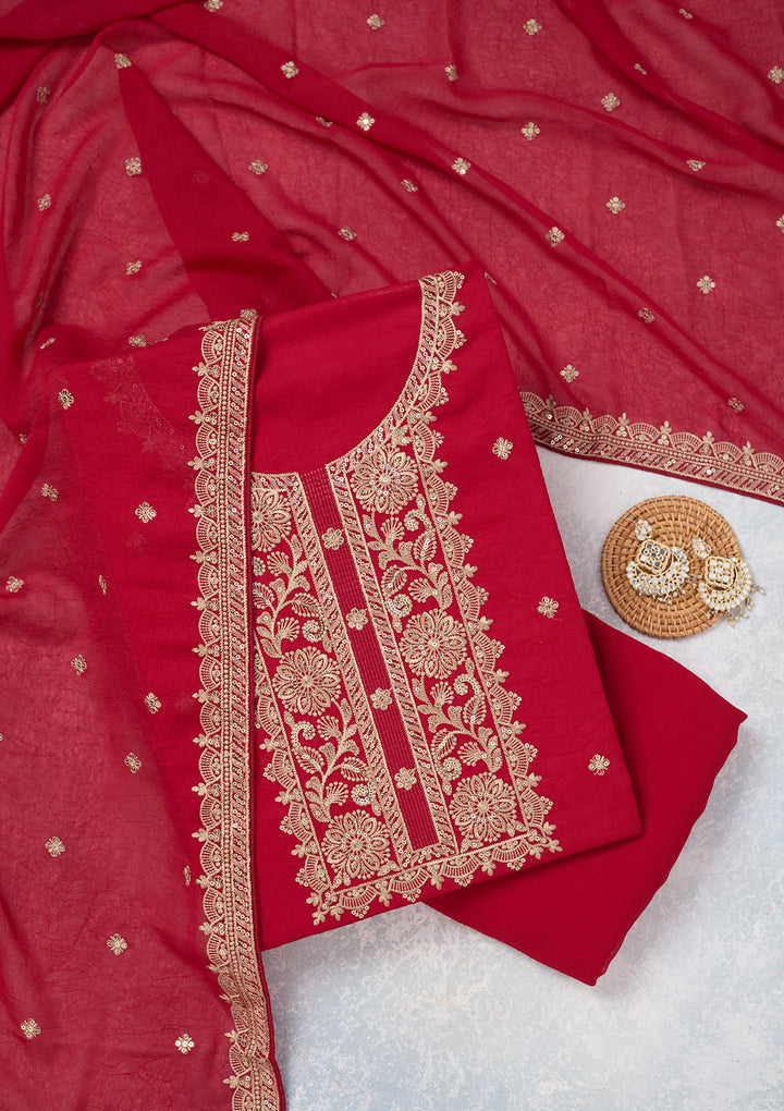 Rani Pink Threadwork Georgette Unstitched Salwar Suit