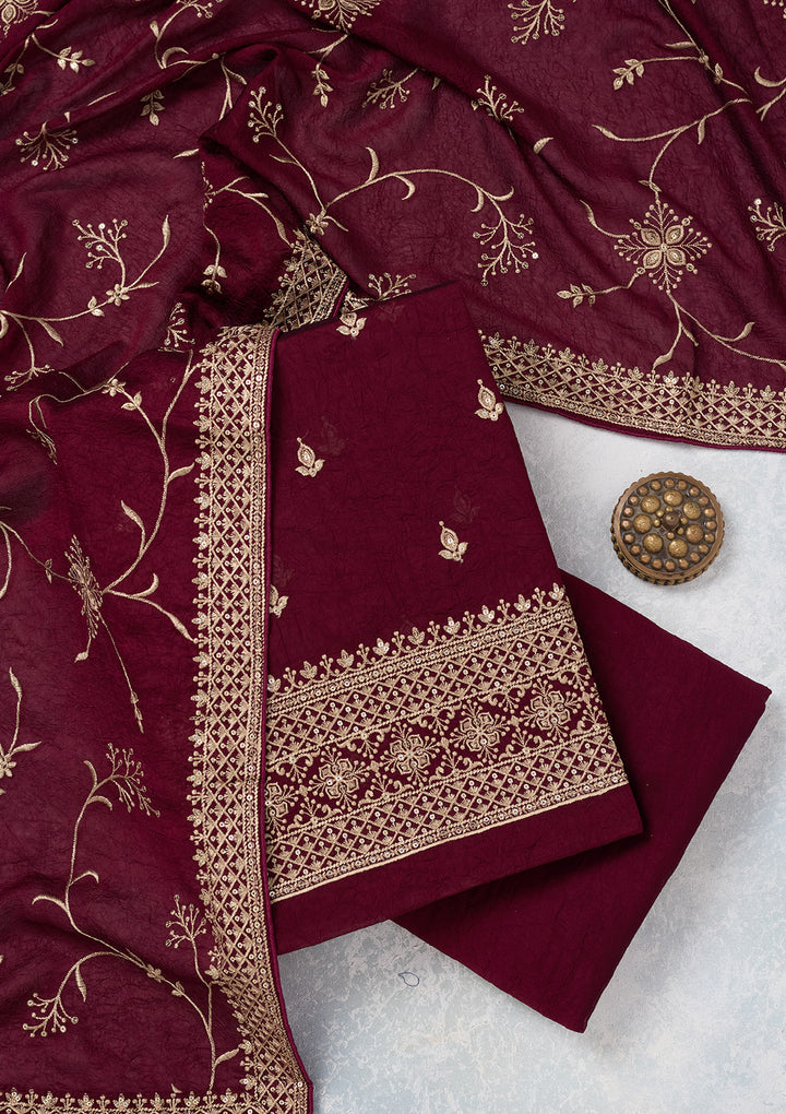 Wine Threadwork Georgette Unstitched Salwar Suit