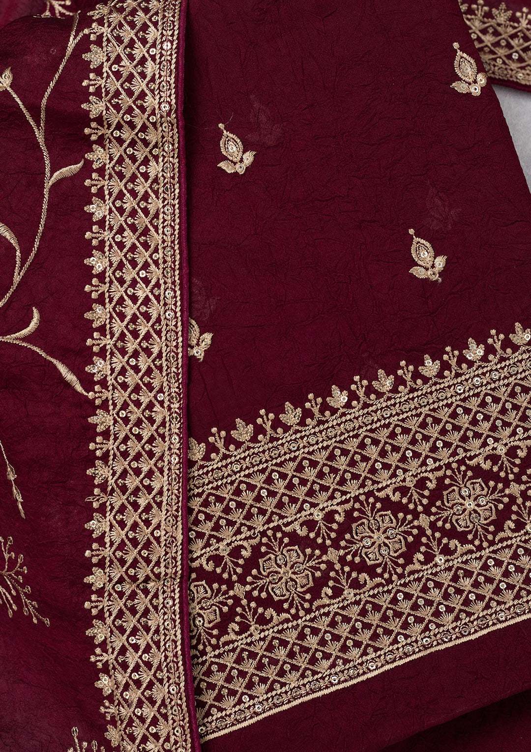 Wine Threadwork Georgette Unstitched Salwar Suit