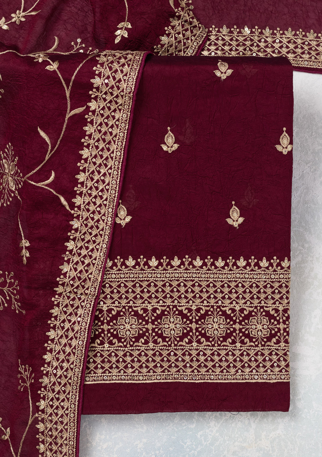 Wine Threadwork Georgette Unstitched Salwar Suit
