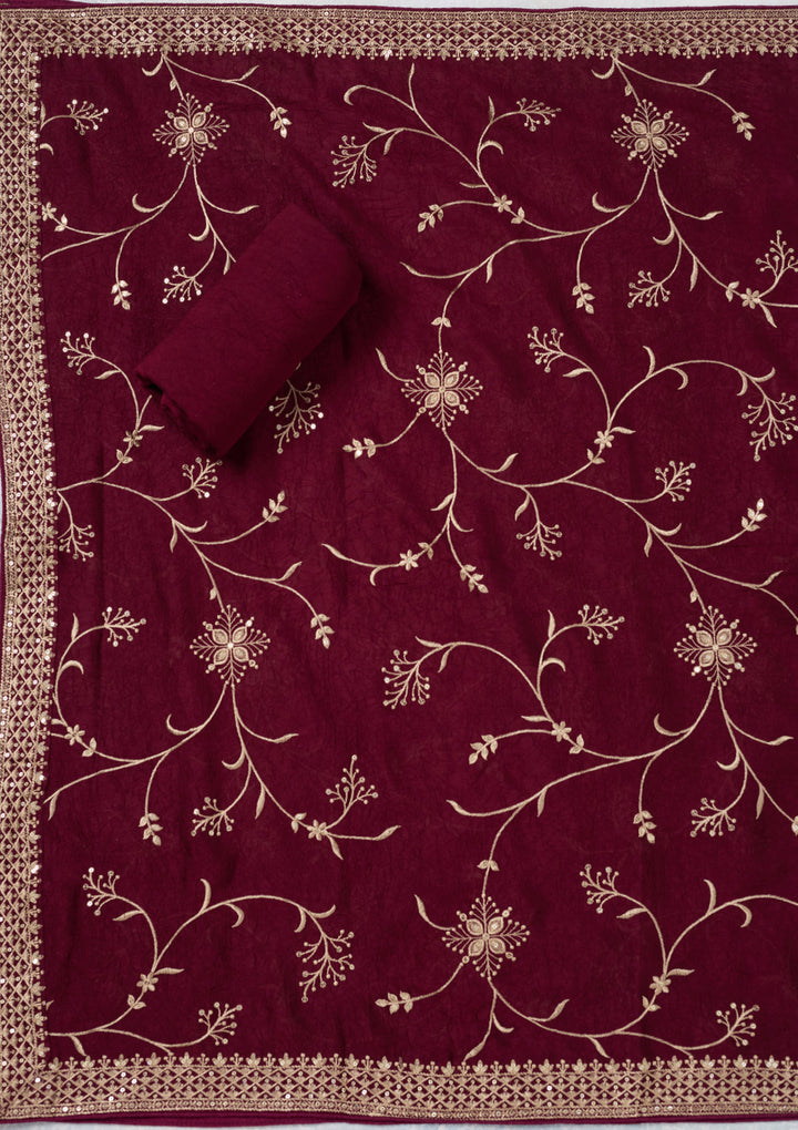 Wine Threadwork Georgette Unstitched Salwar Suit