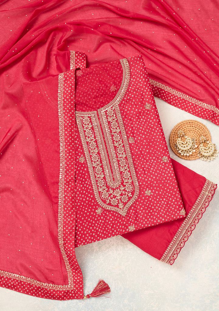 Red Zariwork (Gold) Chinon Unstitched Salwar Suit