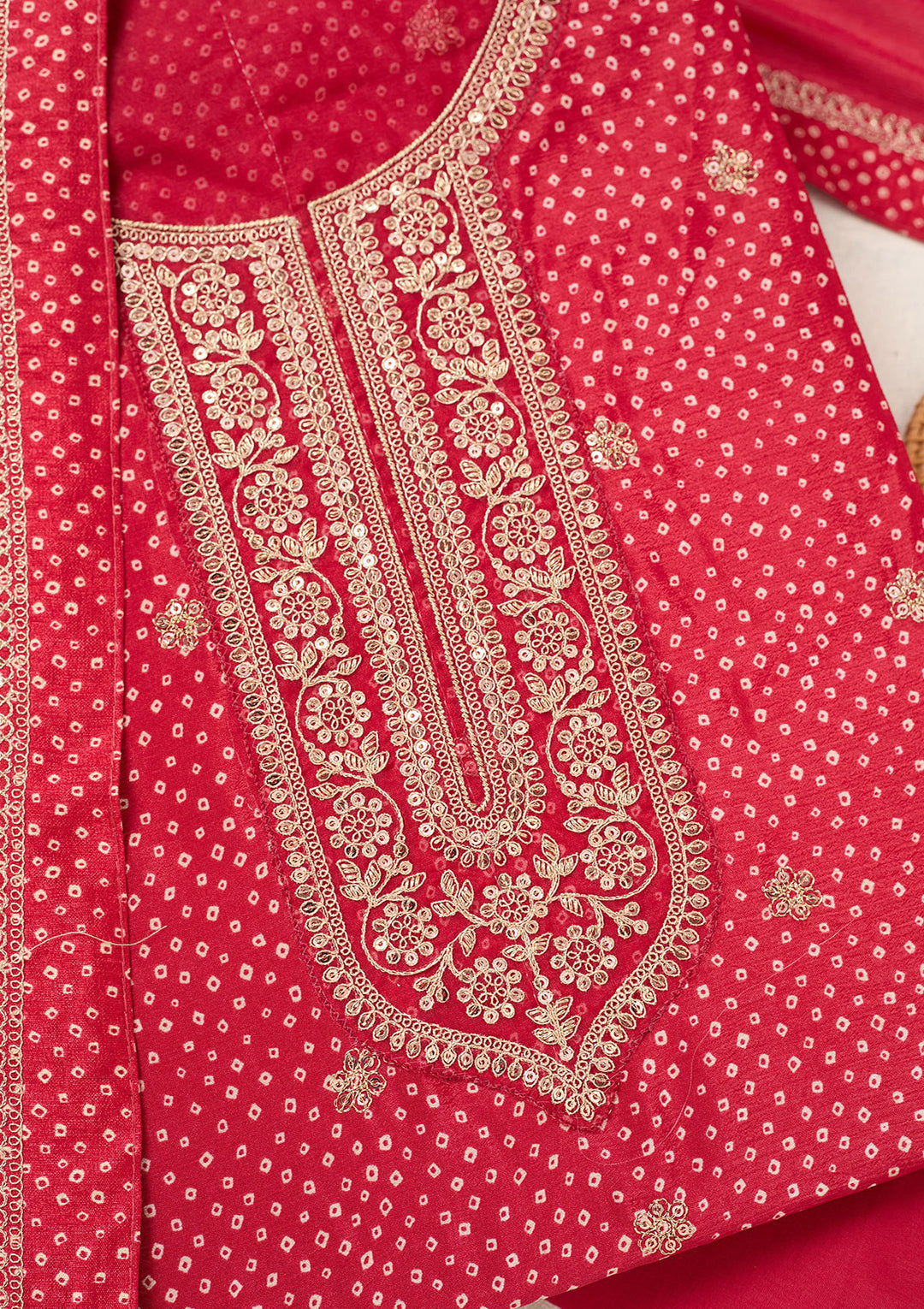 Red Zariwork (Gold) Chinon Unstitched Salwar Suit