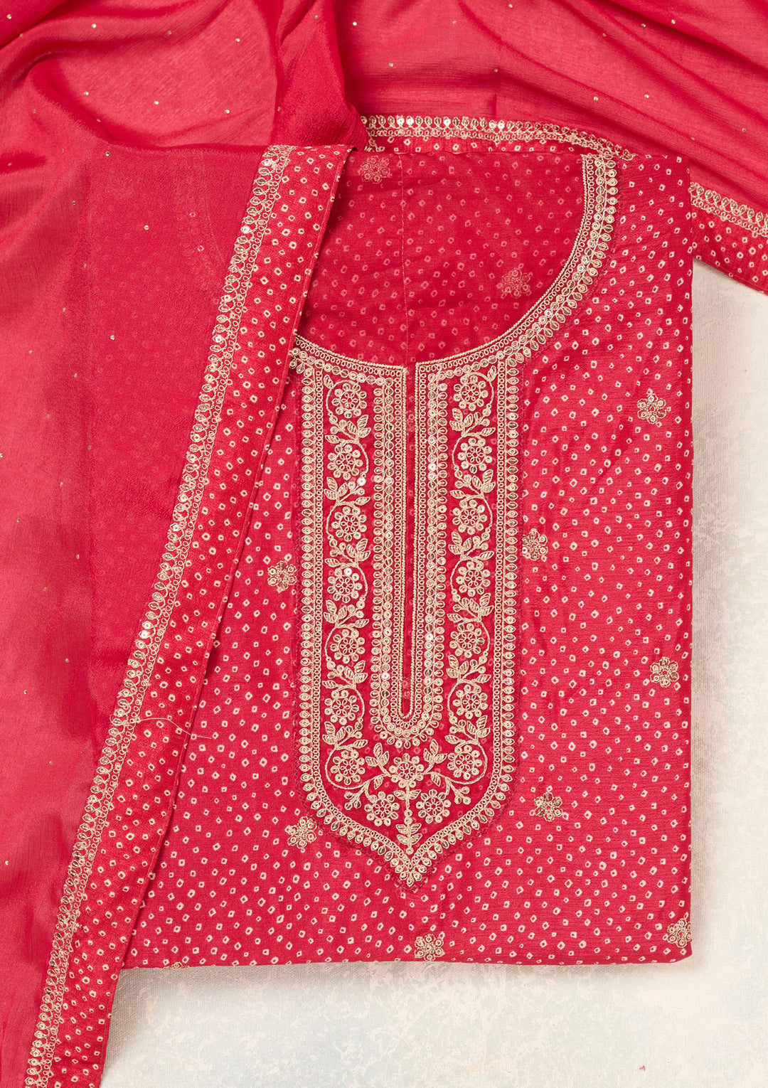 Red Zariwork (Gold) Chinon Unstitched Salwar Suit