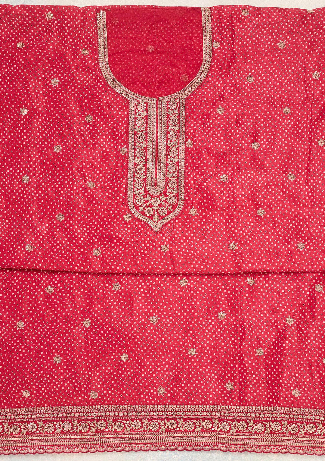 Red Zariwork (Gold) Chinon Unstitched Salwar Suit
