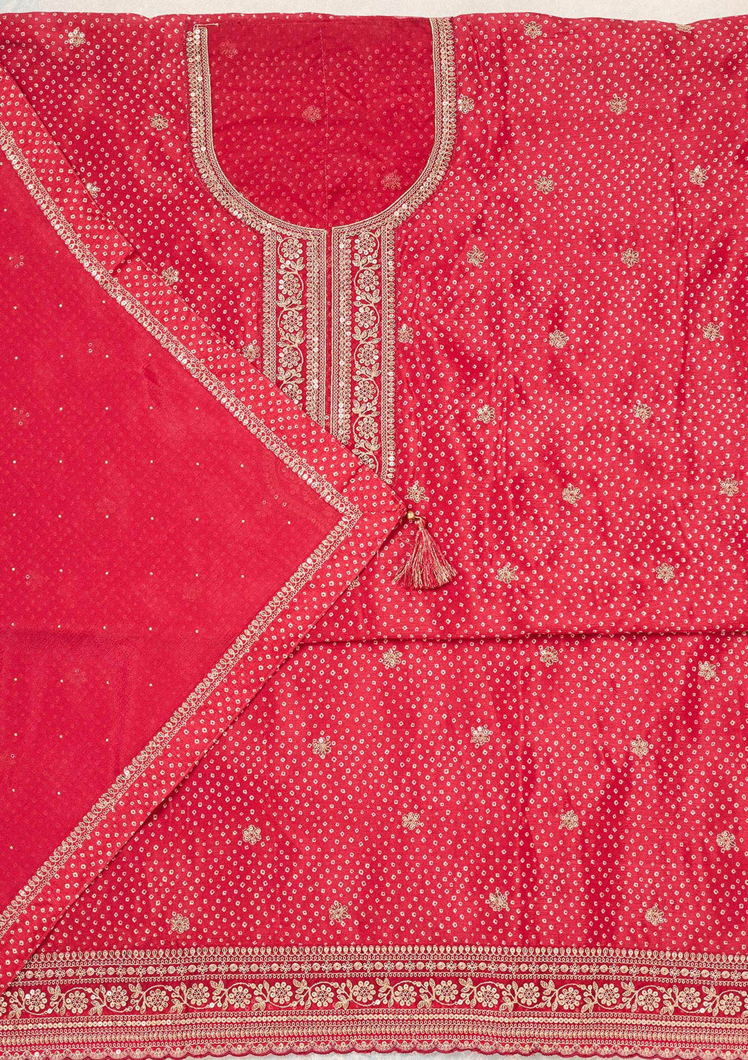 Red Zariwork (Gold) Chinon Unstitched Salwar Suit