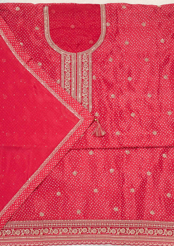 Red Zariwork (Gold) Chinon Unstitched Salwar Suit
