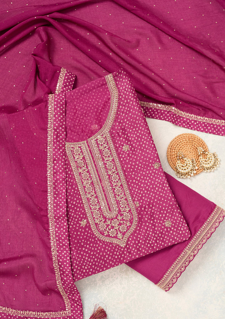 Wine Zariwork (Gold) Chinon Unstitched Salwar Suit
