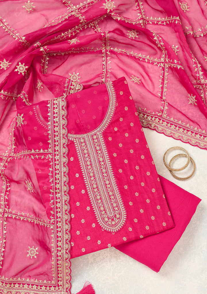 Rani Pink Zariwork (Gold) Chinon Unstitched Salwar Suit