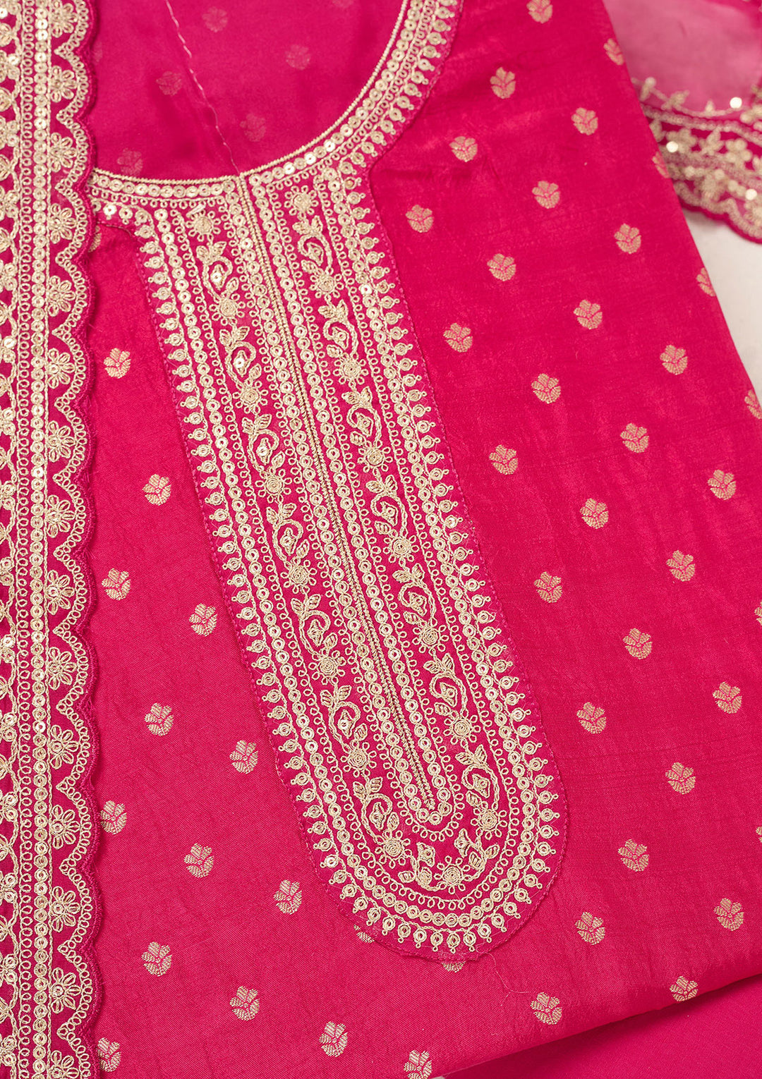 Rani Pink Zariwork (Gold) Chinon Unstitched Salwar Suit