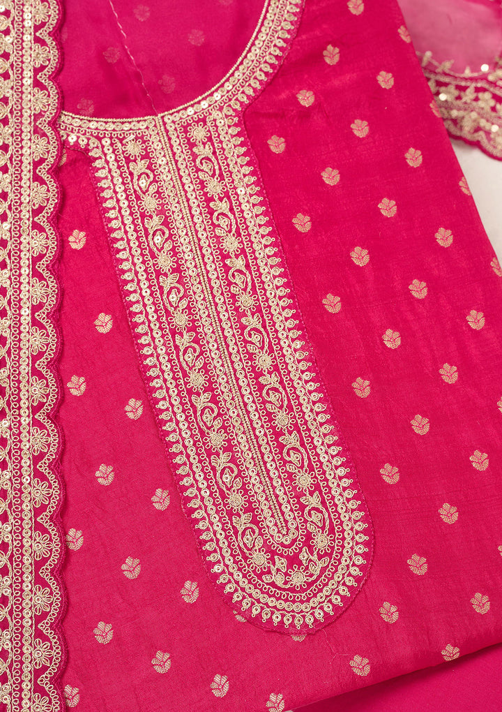 Rani Pink Zariwork (Gold) Chinon Unstitched Salwar Suit