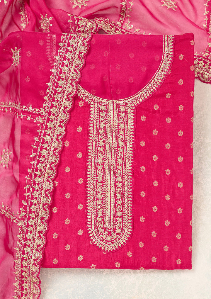 Rani Pink Zariwork (Gold) Chinon Unstitched Salwar Suit