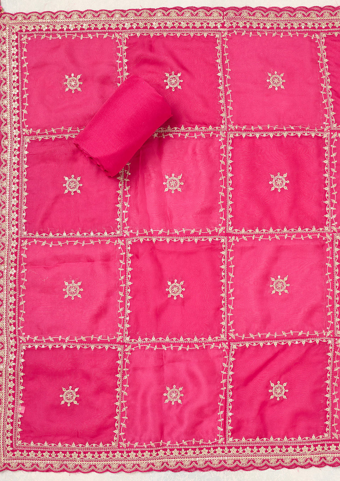 Rani Pink Zariwork (Gold) Chinon Unstitched Salwar Suit