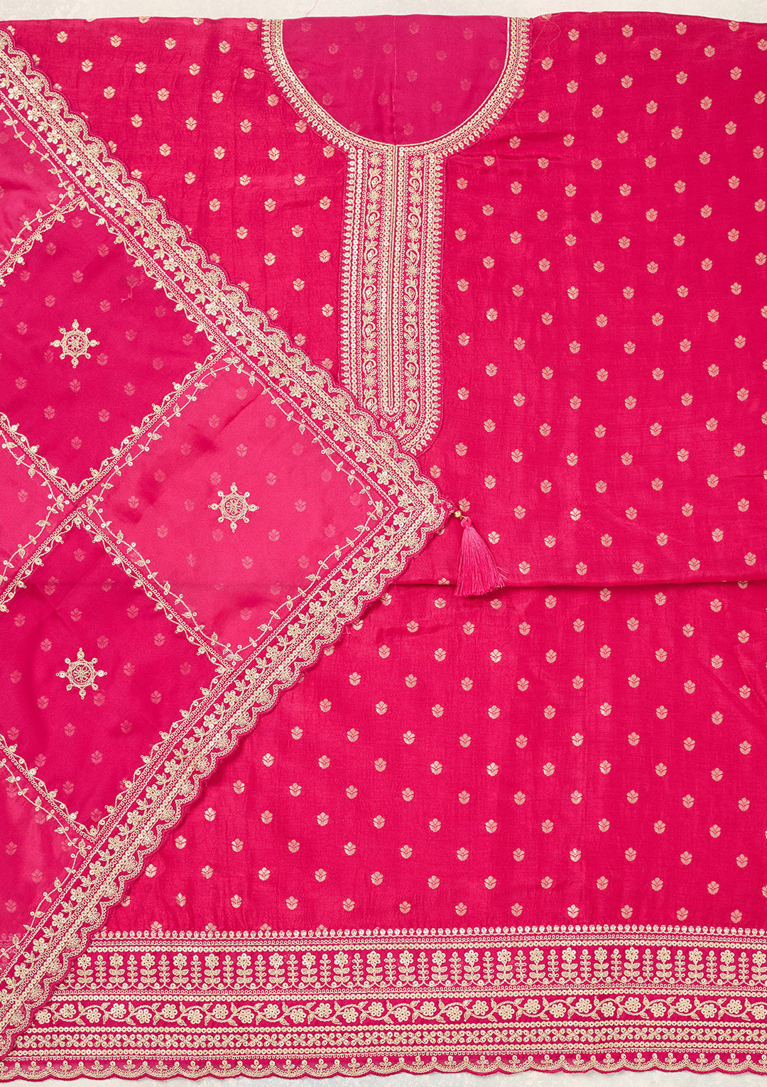 Rani Pink Zariwork (Gold) Chinon Unstitched Salwar Suit