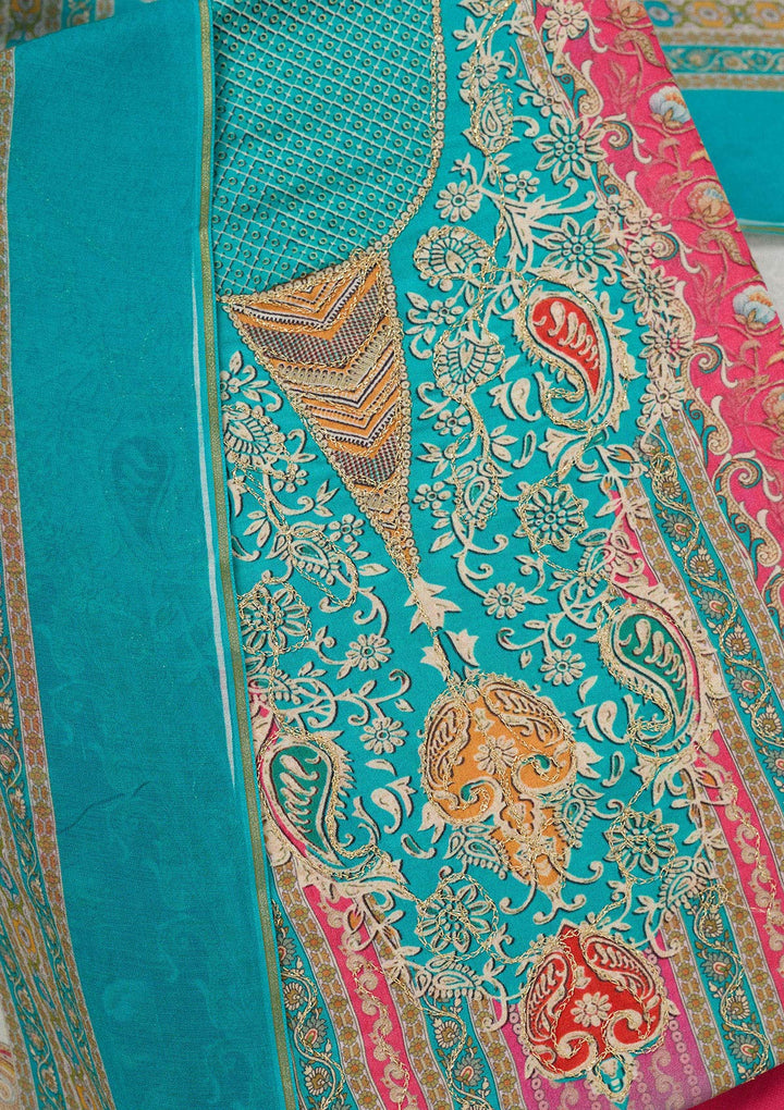 Blue Zariwork (Gold) Semi Crepe Unstitched Salwar Suit