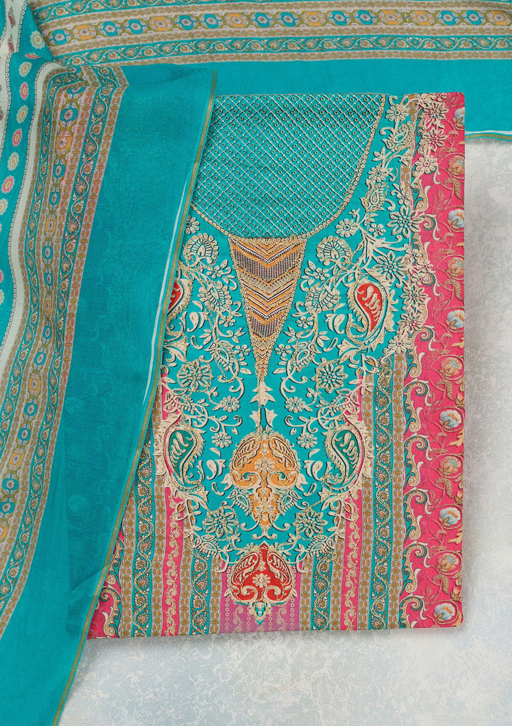 Blue Zariwork (Gold) Semi Crepe Unstitched Salwar Suit