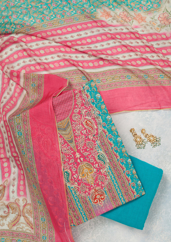 Rani Pink Zariwork (Gold) Semi Crepe Unstitched Salwar Suit