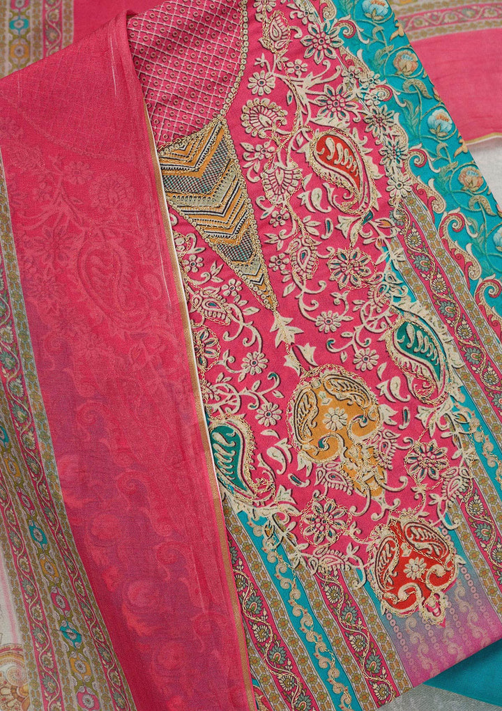 Rani Pink Zariwork (Gold) Semi Crepe Unstitched Salwar Suit