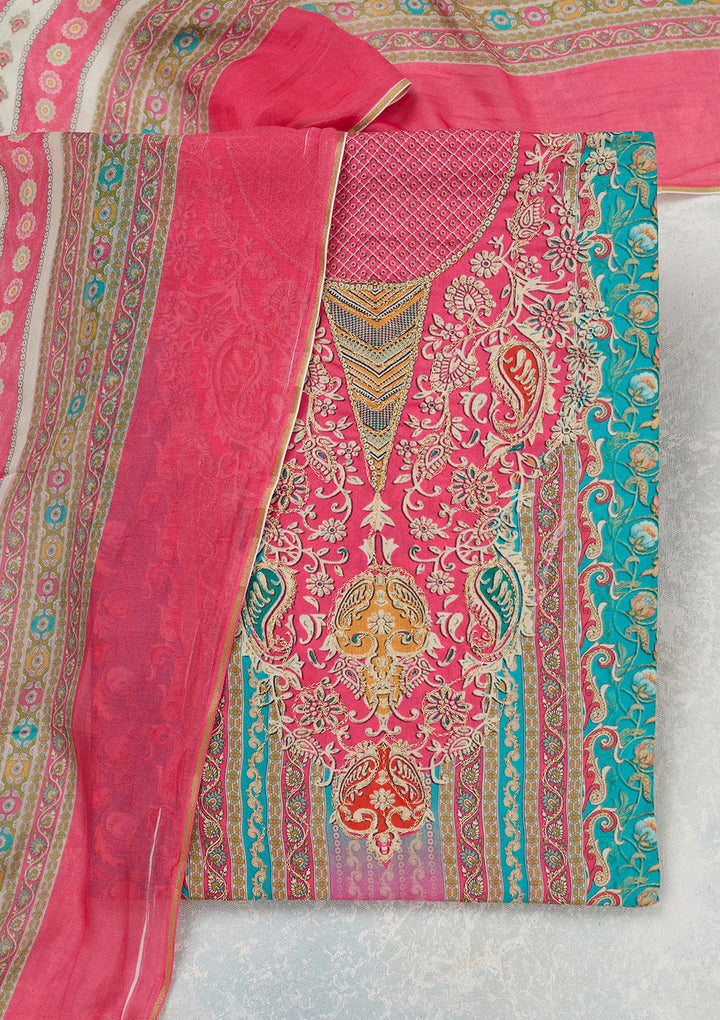 Rani Pink Zariwork (Gold) Semi Crepe Unstitched Salwar Suit