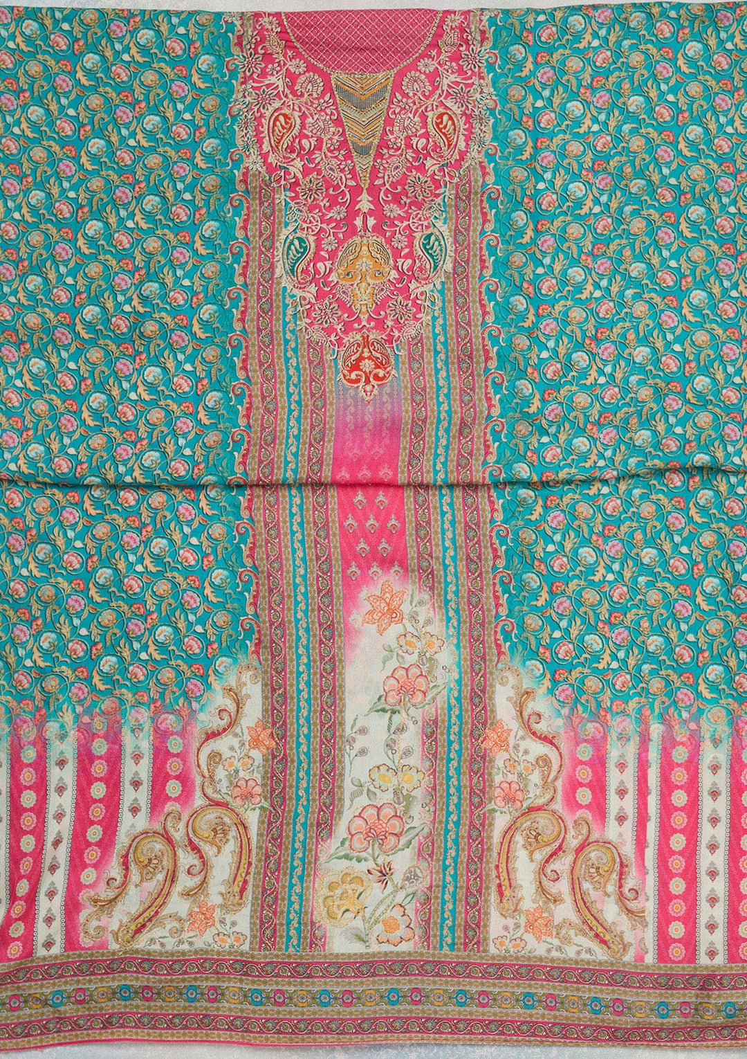 Rani Pink Zariwork (Gold) Semi Crepe Unstitched Salwar Suit