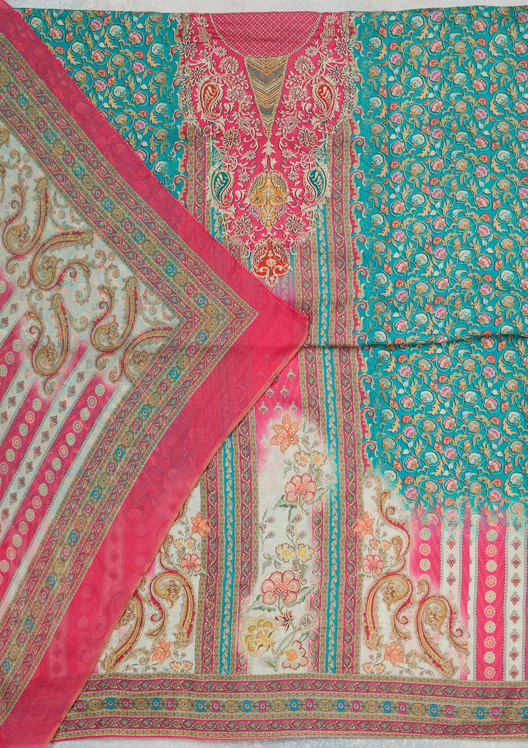 Rani Pink Zariwork (Gold) Semi Crepe Unstitched Salwar Suit