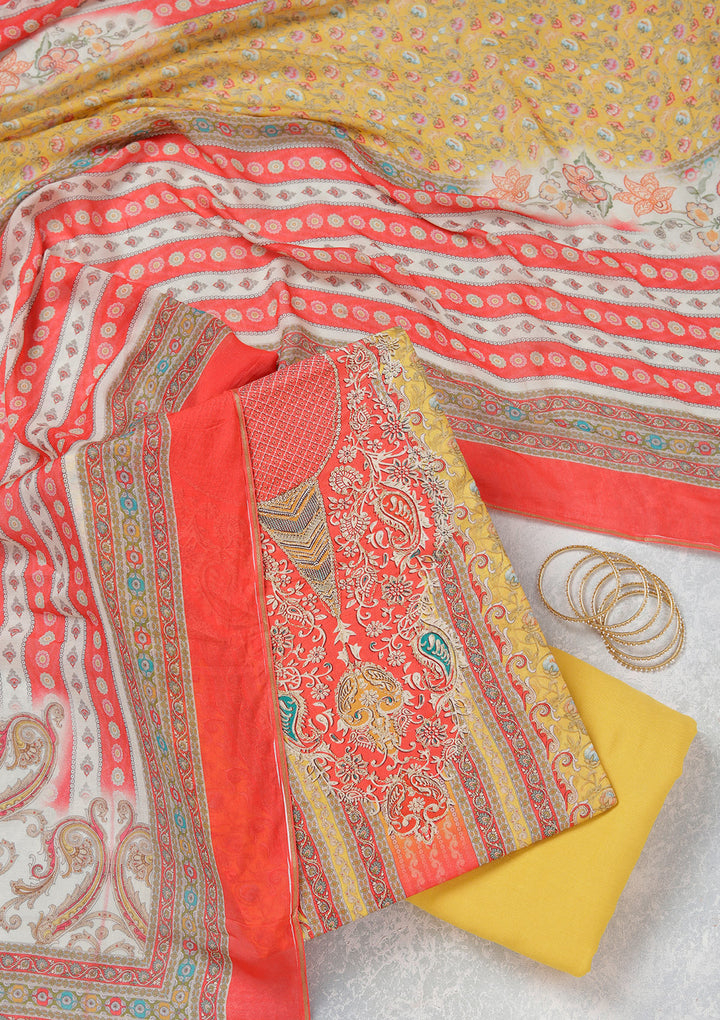 Red Zariwork (Gold) Semi Crepe Unstitched Salwar Suit