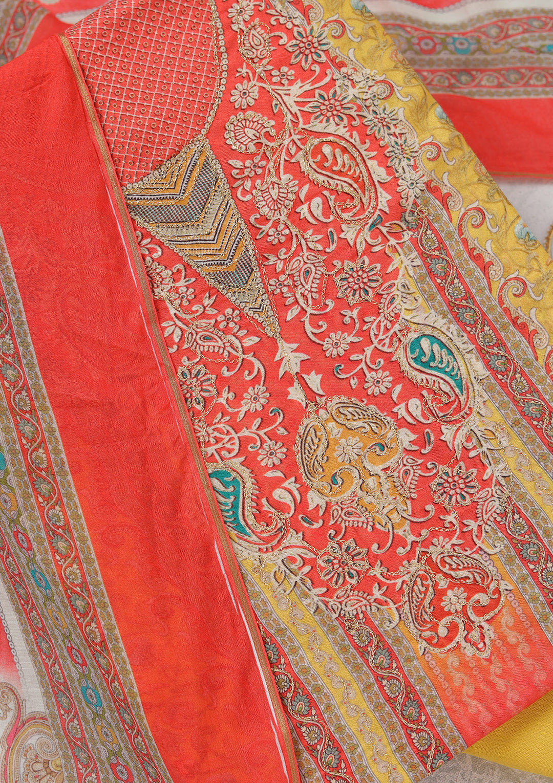 Red Zariwork (Gold) Semi Crepe Unstitched Salwar Suit