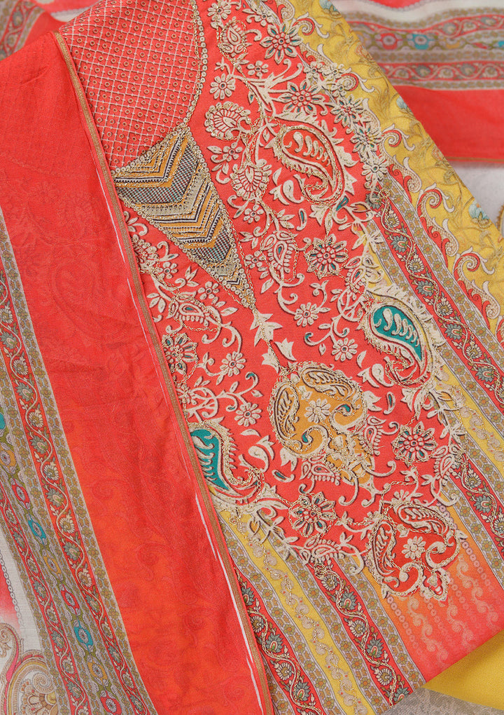 Red Zariwork (Gold) Semi Crepe Unstitched Salwar Suit