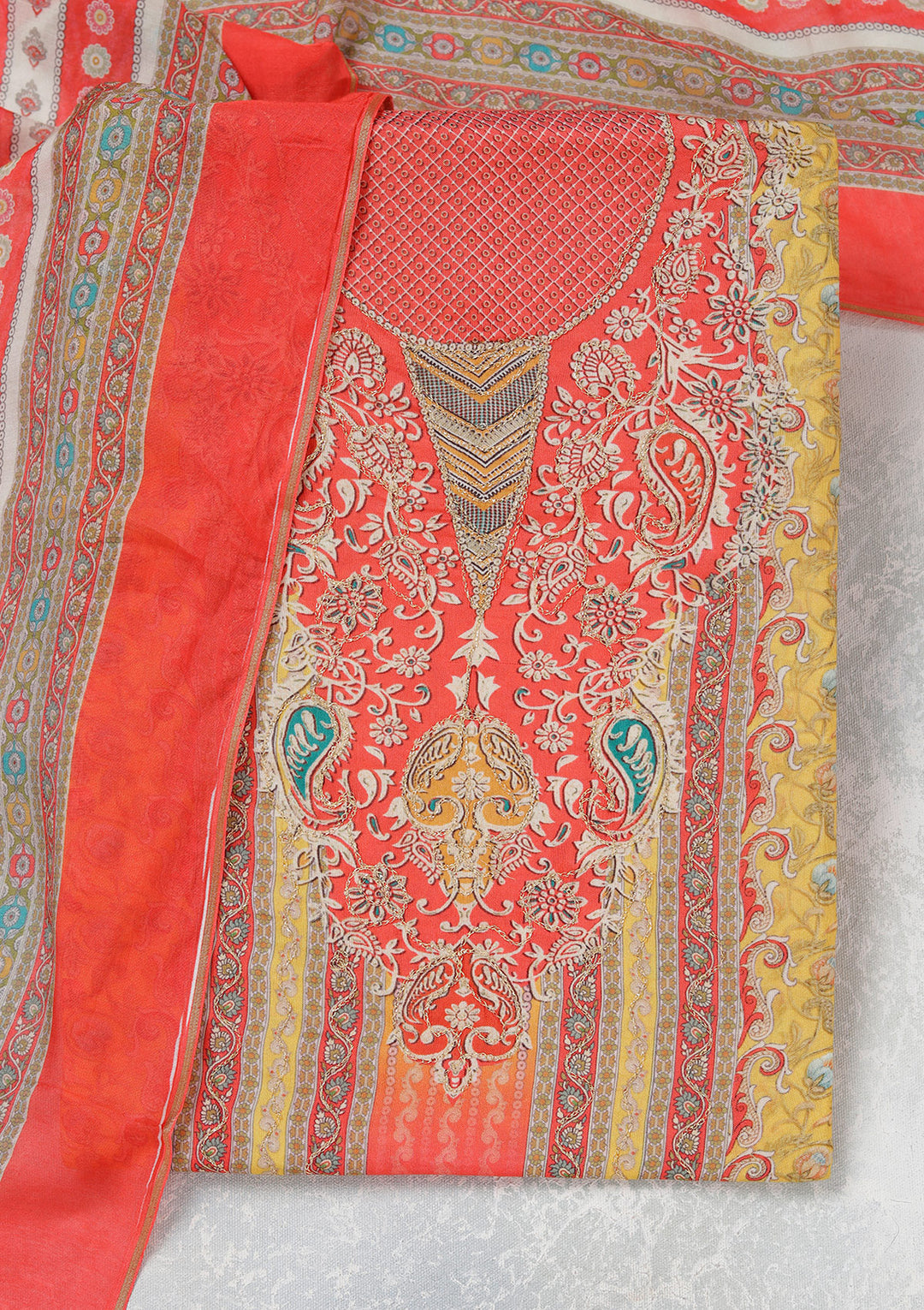 Red Zariwork (Gold) Semi Crepe Unstitched Salwar Suit