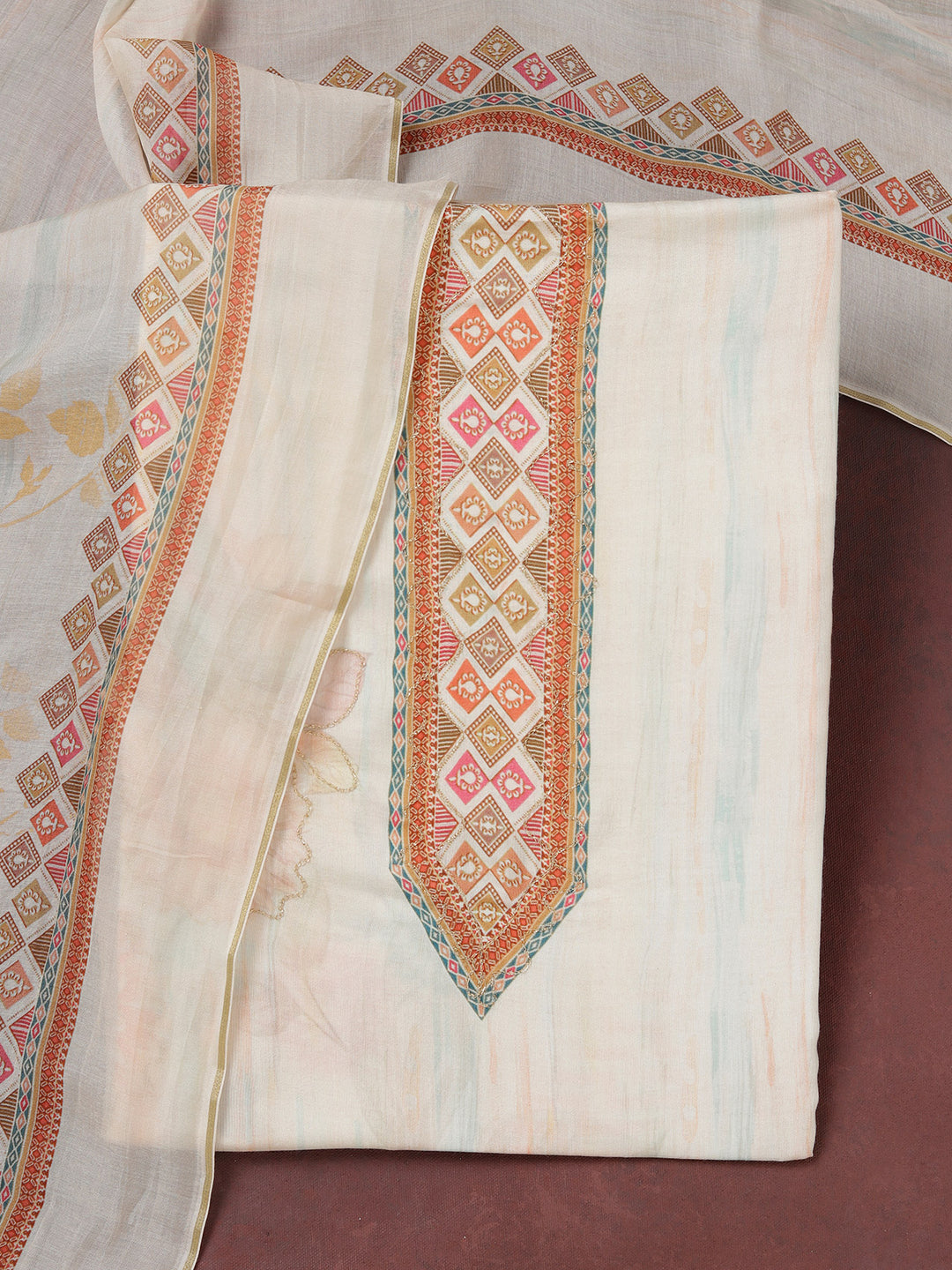 Cream Zariwork (Gold) Semi Crepe Unstitched Salwar Suit