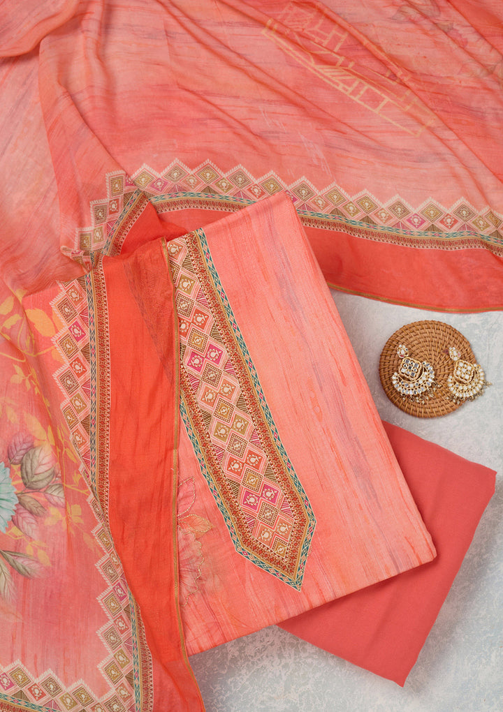 Peach Zariwork (Gold) Semi Crepe Unstitched Salwar Suit