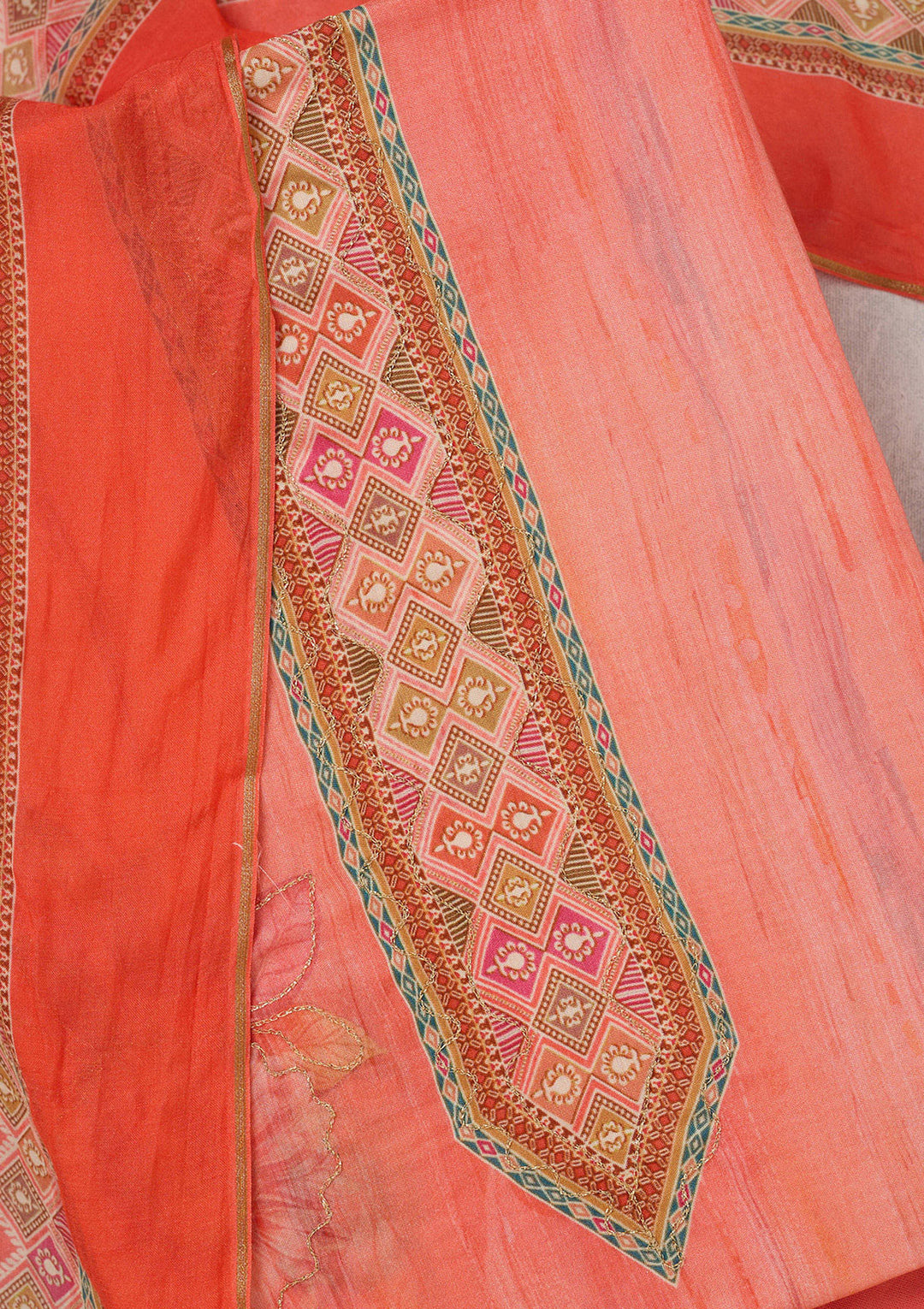 Peach Zariwork (Gold) Semi Crepe Unstitched Salwar Suit