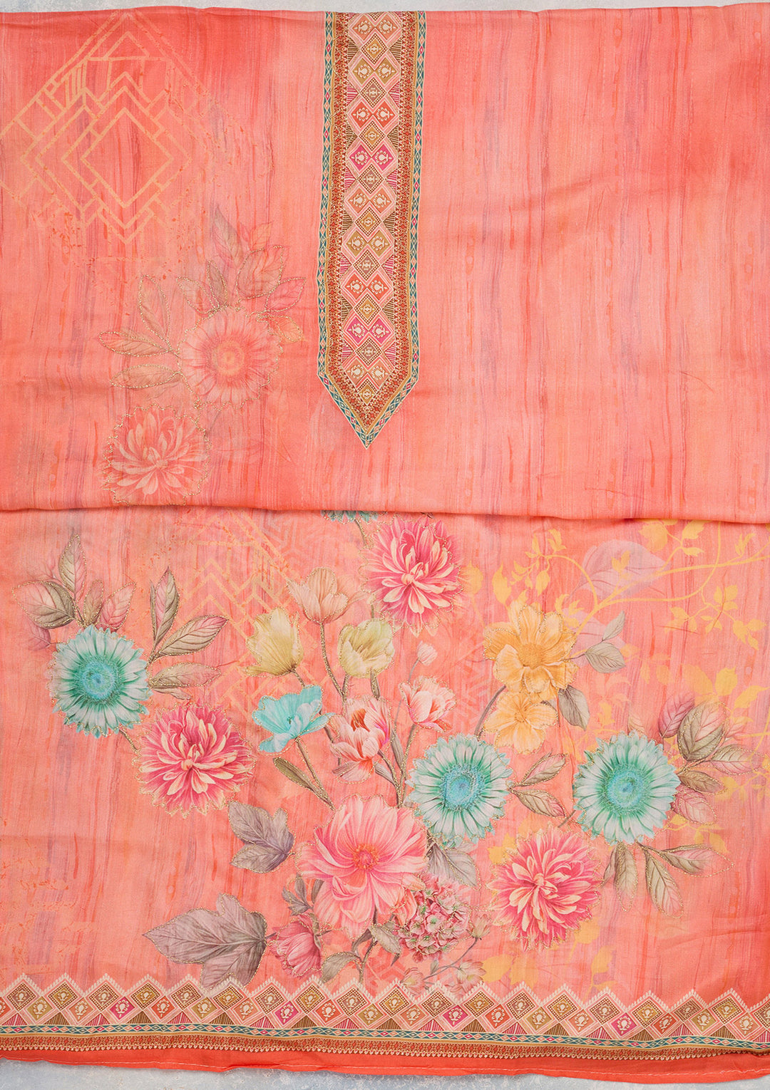 Peach Zariwork (Gold) Semi Crepe Unstitched Salwar Suit