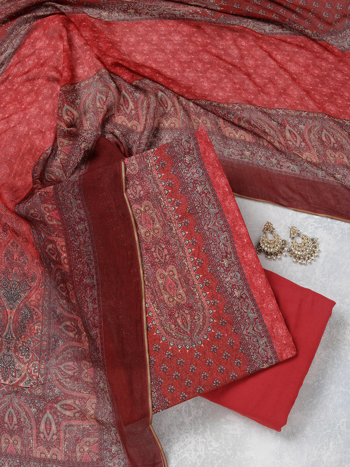 Maroon Zariwork (Gold) Semi Crepe Unstitched Salwar Suit