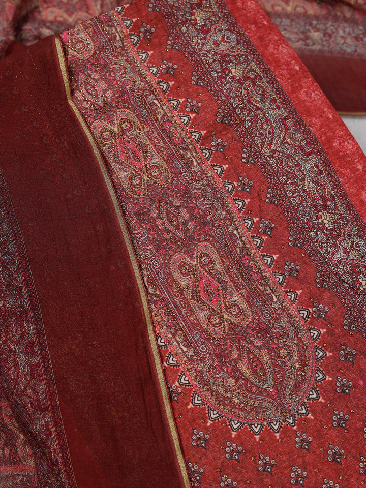 Maroon Zariwork (Gold) Semi Crepe Unstitched Salwar Suit