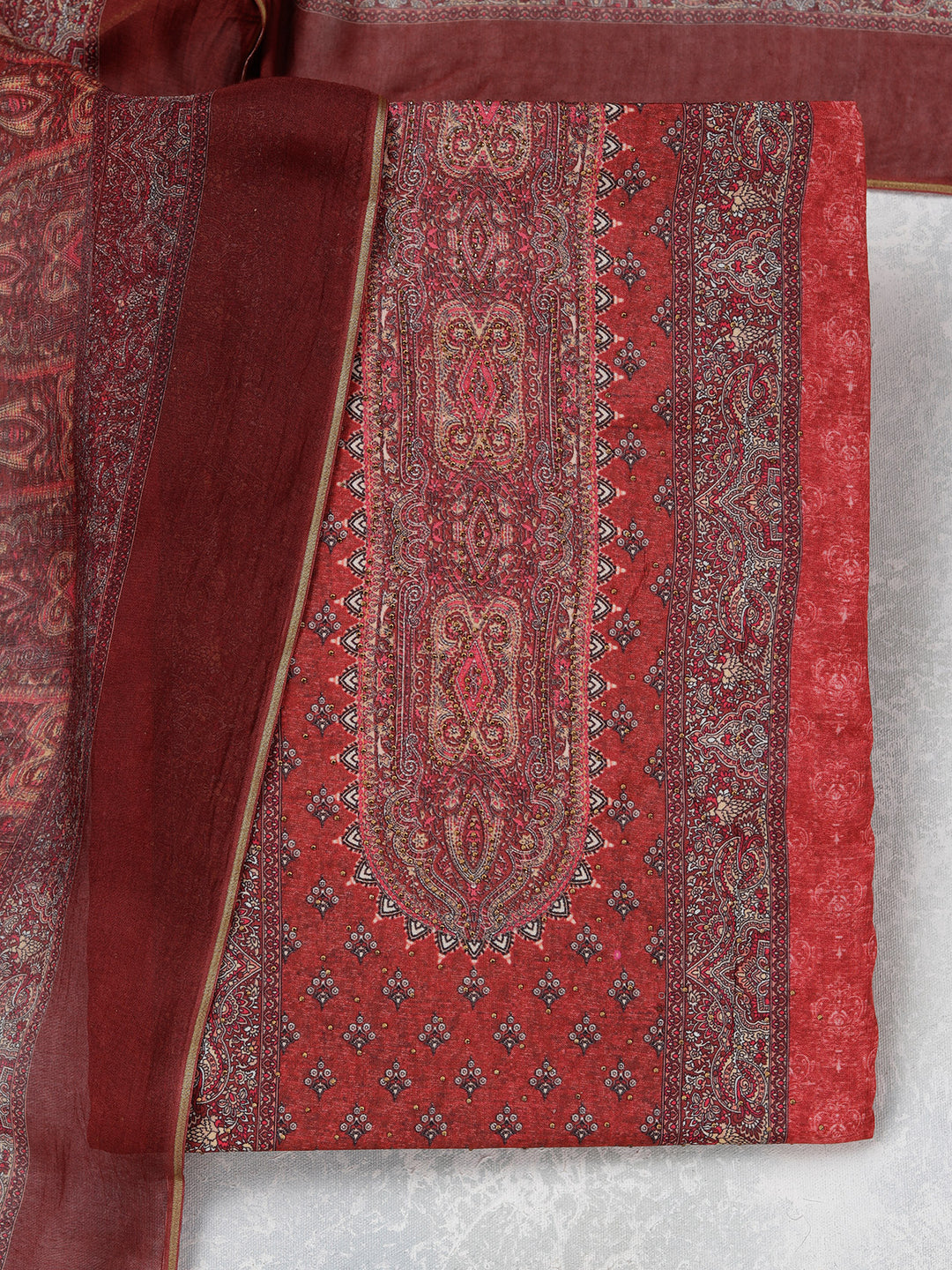 Maroon Zariwork (Gold) Semi Crepe Unstitched Salwar Suit