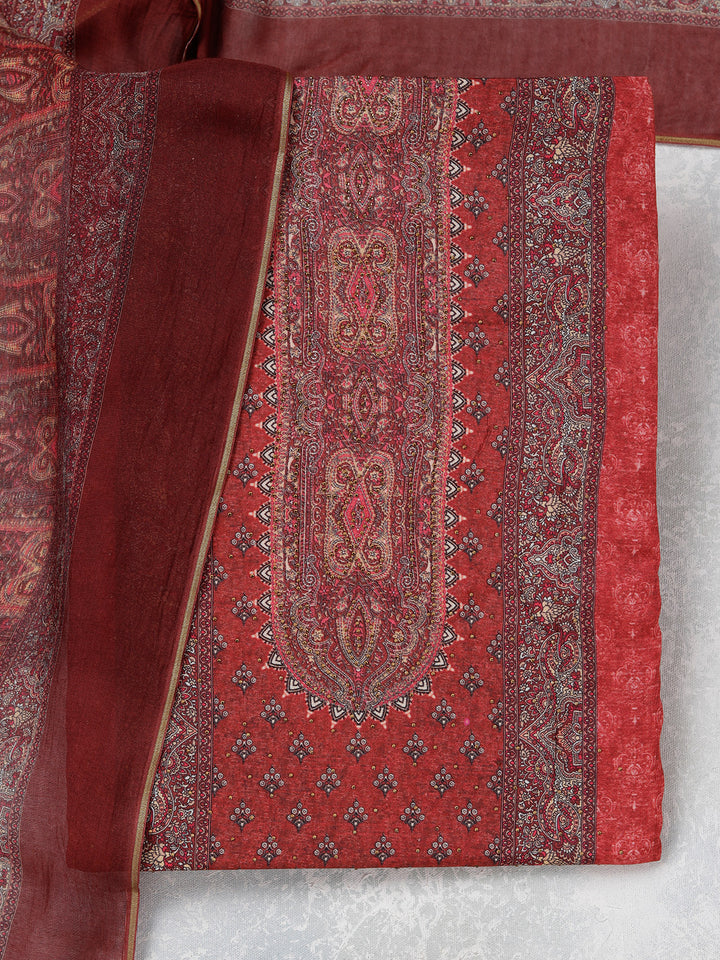 Maroon Zariwork (Gold) Semi Crepe Unstitched Salwar Suit
