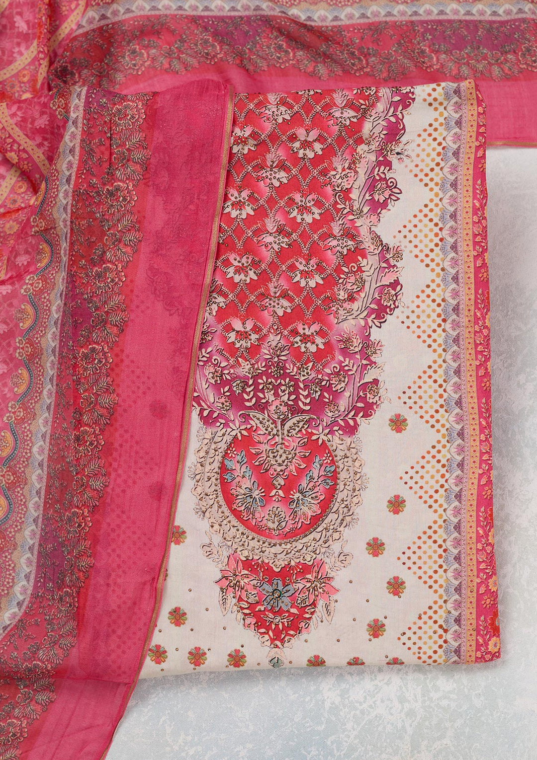 Cream Zariwork Semi Crepe Unstitched Salwar Suit
