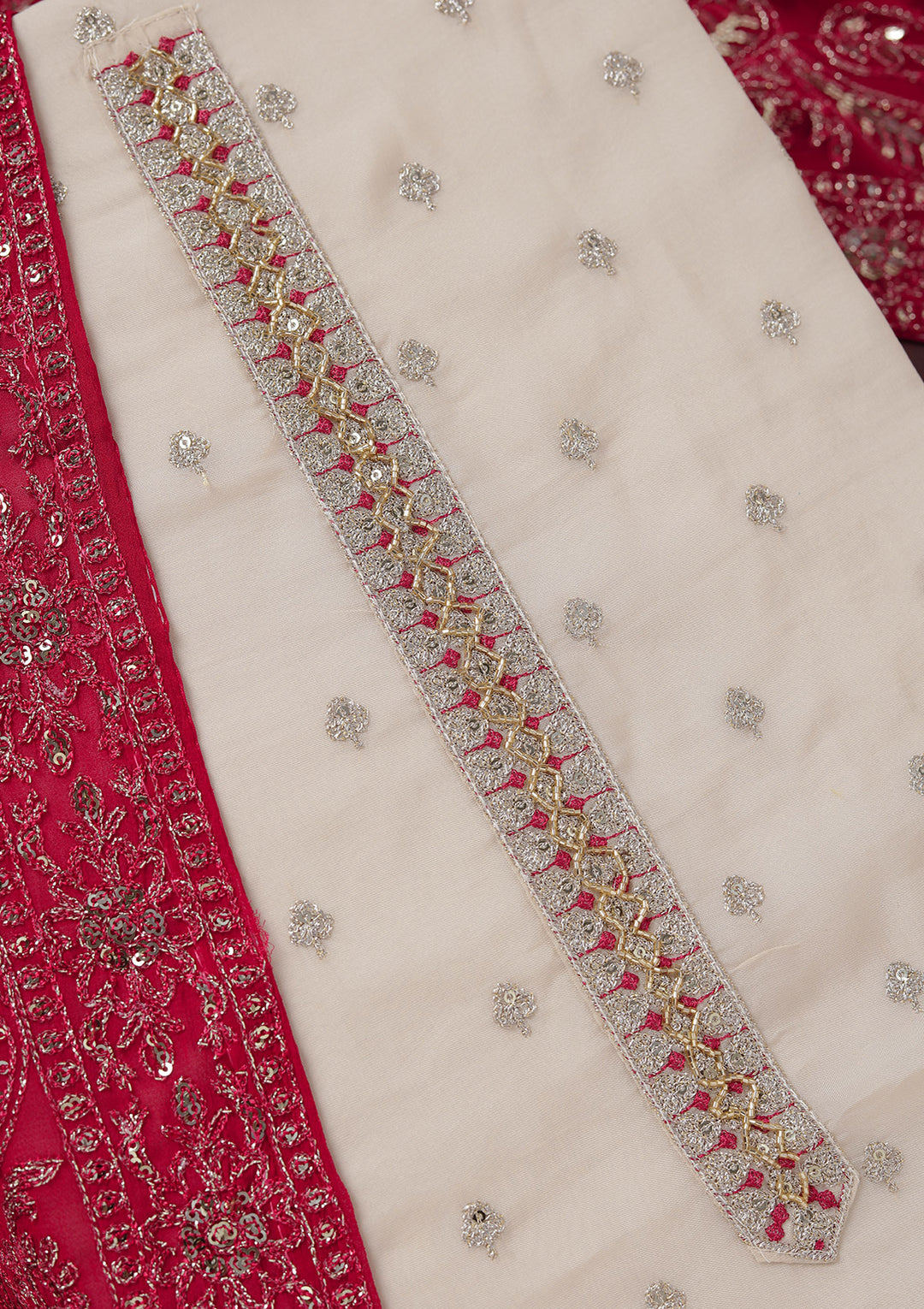 Beige Sequins Organza Unstitched Salwar Suit