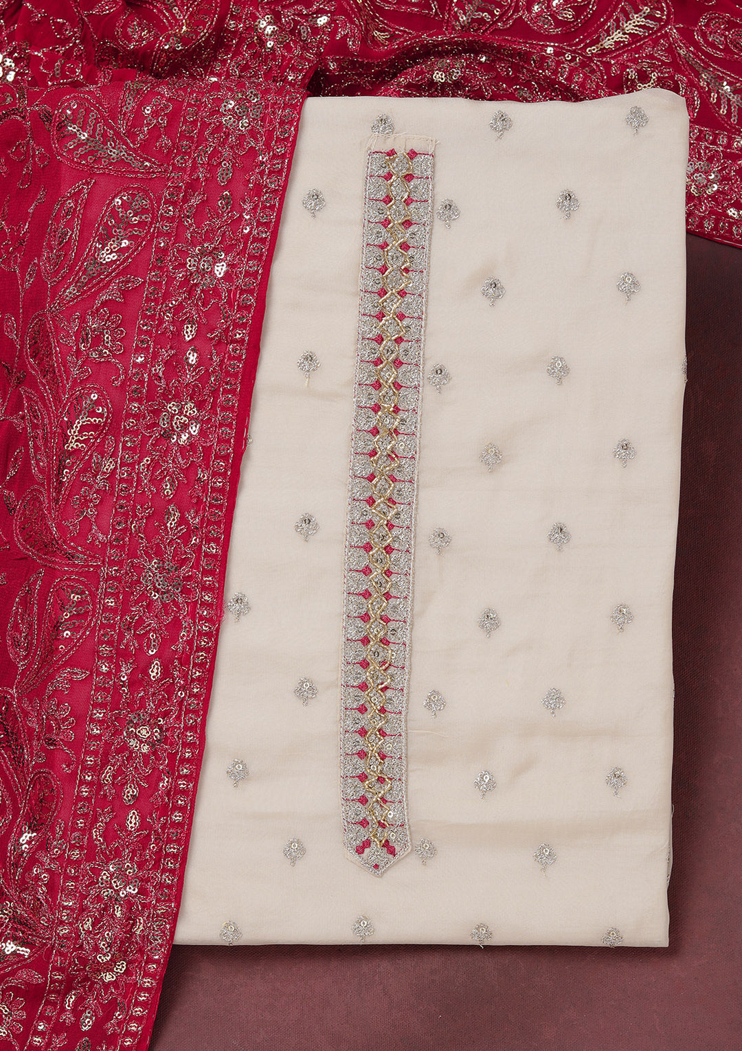 Beige Sequins Organza Unstitched Salwar Suit