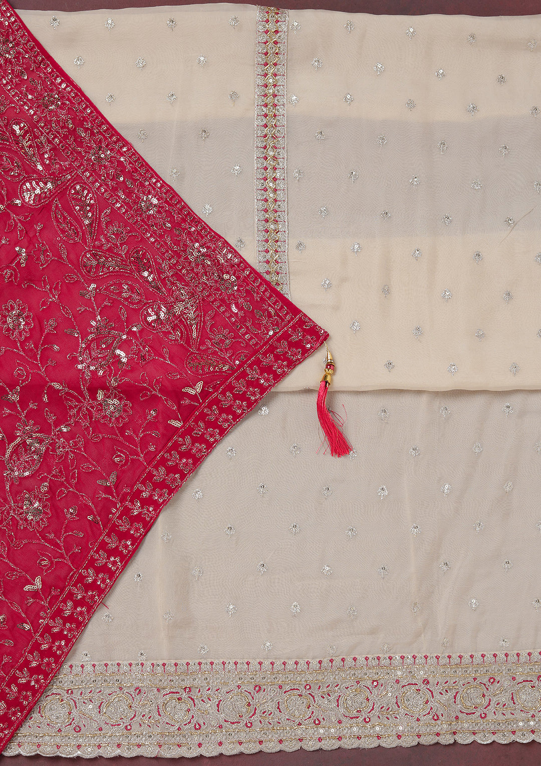 Beige Sequins Organza Unstitched Salwar Suit