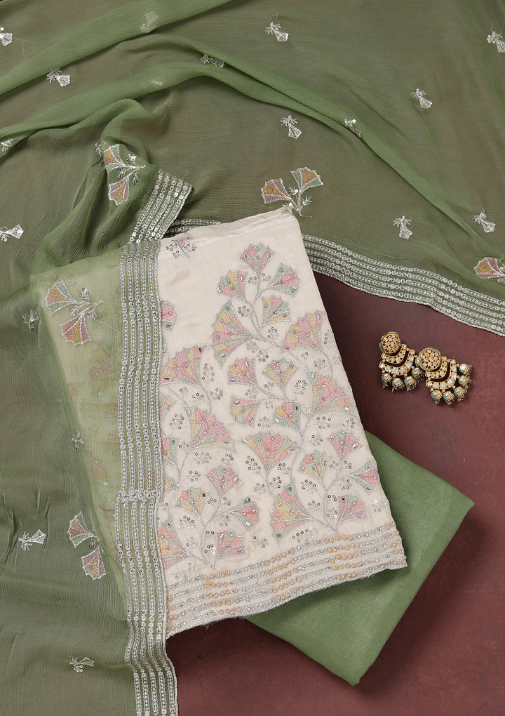 Beige Zariwork (Silver) Organza Unstitched Salwar Suit