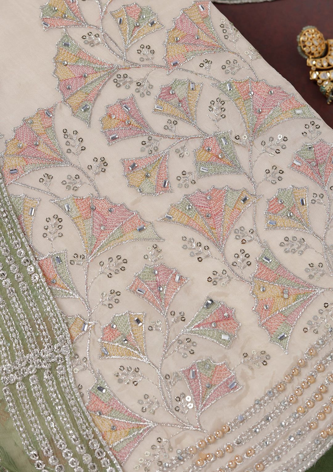 Beige Zariwork (Silver) Organza Unstitched Salwar Suit